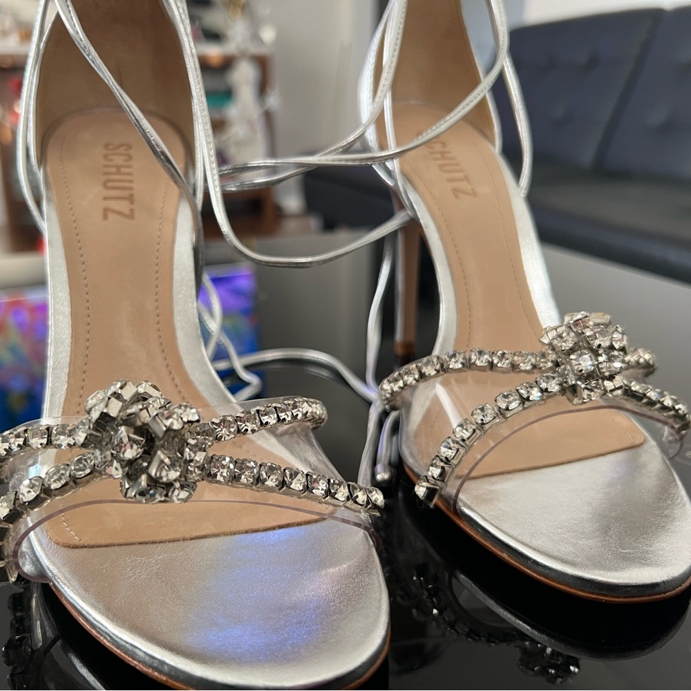Schutz Silver Lace Up Diamond Heels